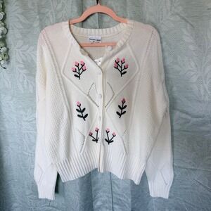 NEW Willow & Wind M Ivory Floral Embroidered Pointelle Knit Cardigan Sweater